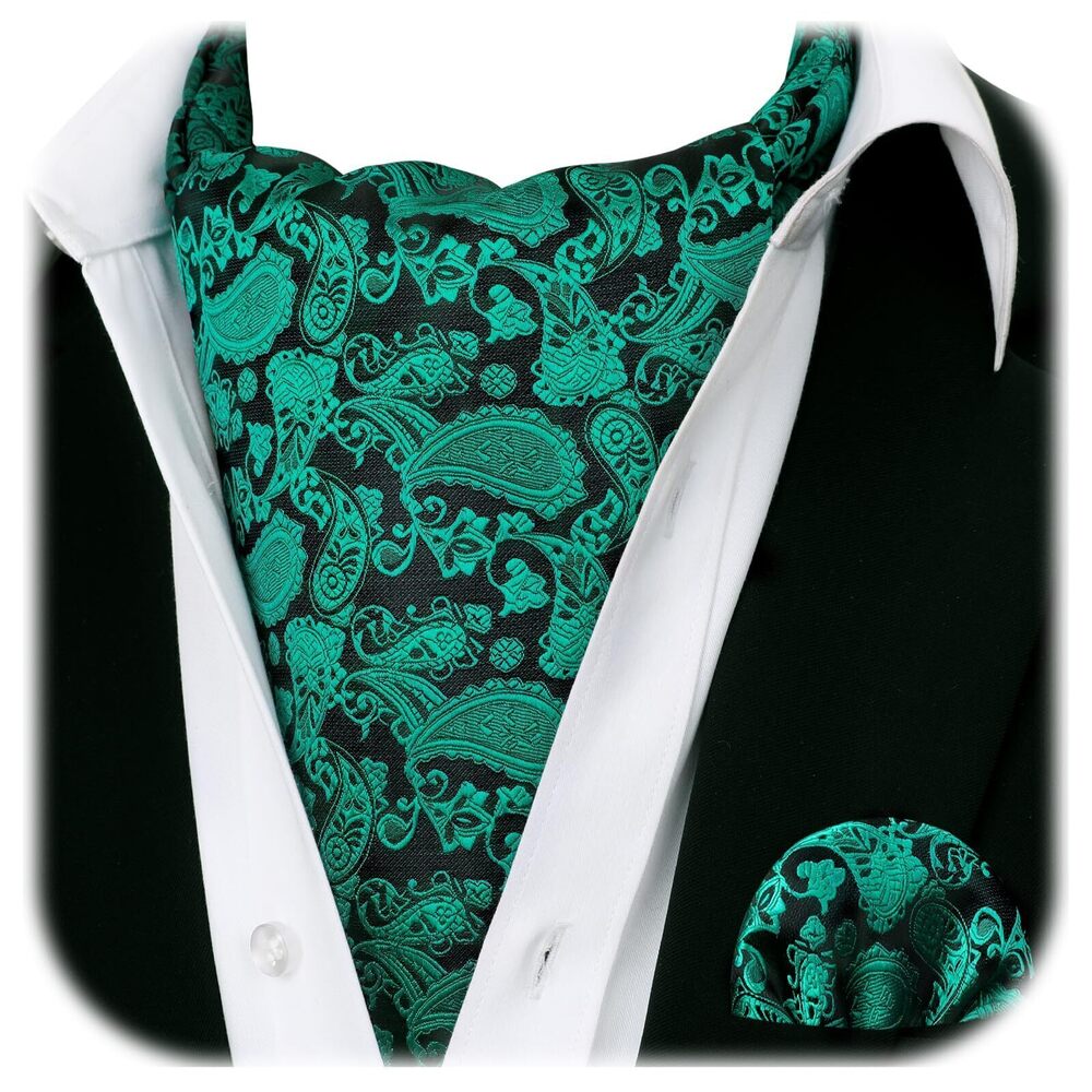 1421 Ascot Ties Green Paisley Cravat and Pocket Square Set Dark Green